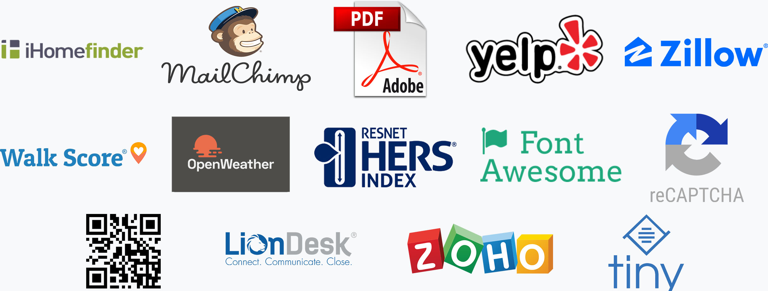 iHomefinder MailChimp Yelp Zillow Walk Score OpenWeather HERS Resnet Index Font Awesome reCaptcha QR Codes LionDesk ZoHo CRM tinyMCE